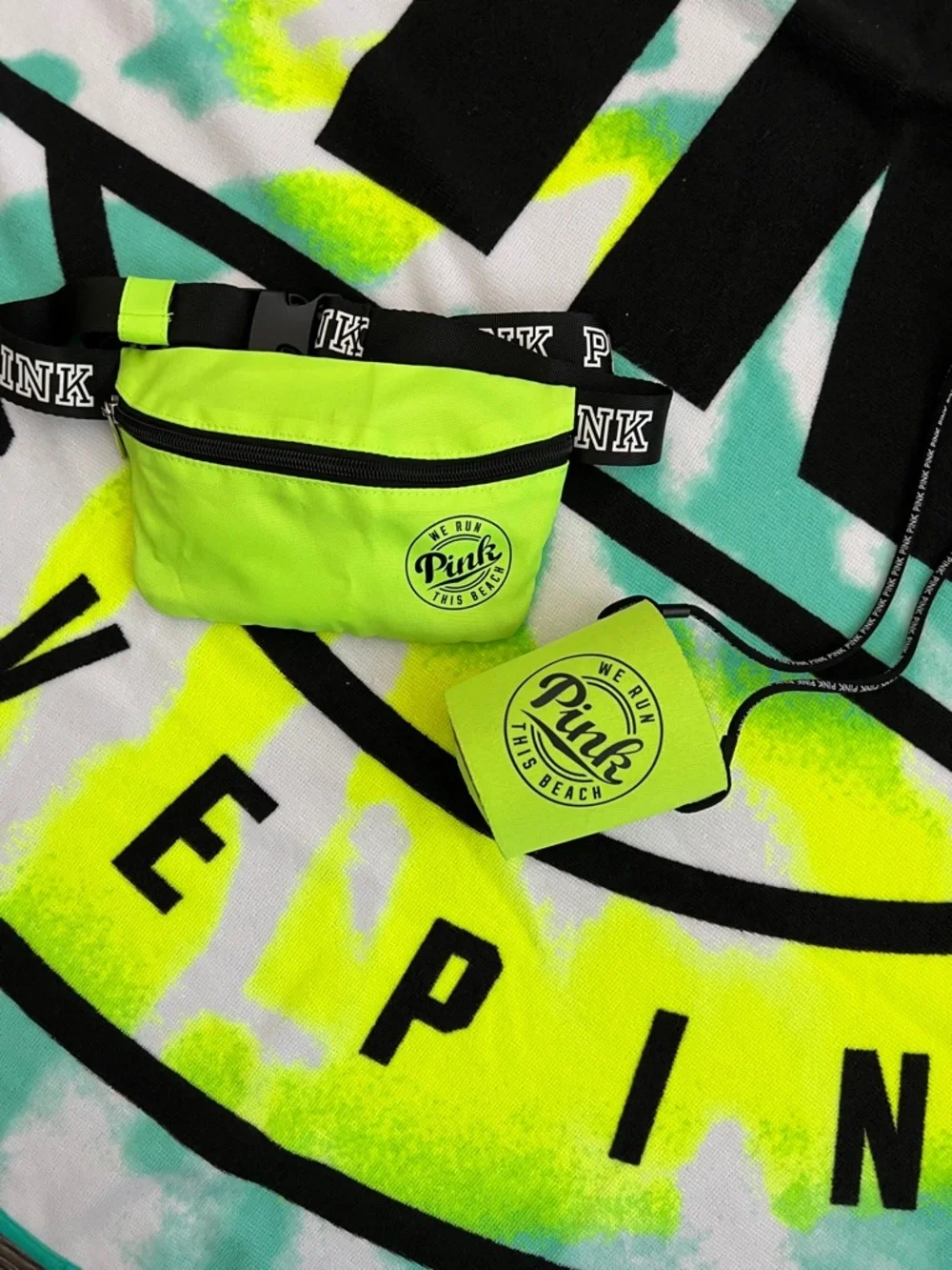PINK Victoria’s Secret 3pc Beach Set Neon Towel Fanny Pack Koozie